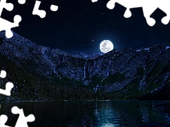 Mountains, moon, star, lake, Night, reflection, Sky