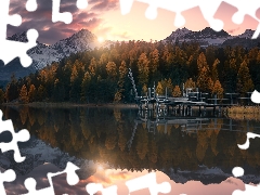 lake, Mountains, Platform, trees, clouds, Switzerland, forest, Great Sunsets, viewes