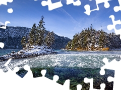 lake, Mountains, Eibsee, Stones, Bavaria, Germany, trees, viewes, snow