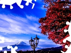 Lamp, Japan, Fuji, trees, mountains