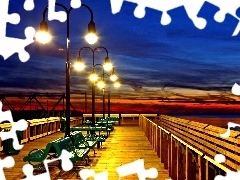 pier, illuminated, Lamps, bench