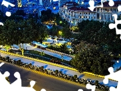 trees, Houses, Night Landscape, Baku, viewes, square