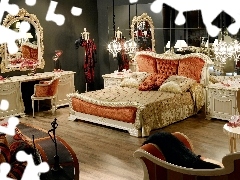 commode, Bedroom, Lanterns, pillows, Mirror, bed