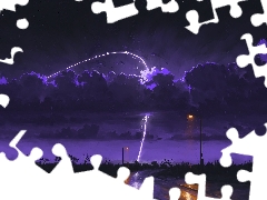 clouds, Way, Rain, lanterns, Night, lightning, graphics