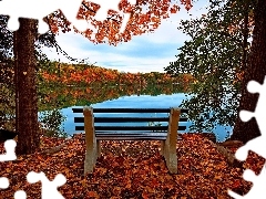 Leaf, autumn, woods, Bench, lake