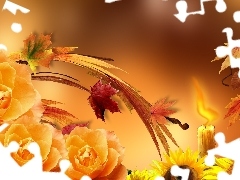 autumn, Nice sunflowers, Leaf, roses
