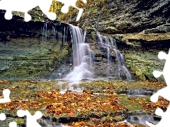 Leaf, autumn, rocks, forest, waterfall