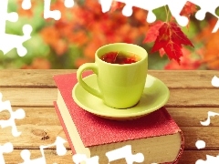 Book, cup, Leaf, Bench, Autumn, tea