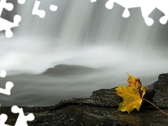 leaf, waterfall, rocks