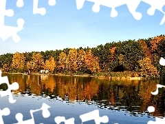 trees, lake, Leaf, Sky, viewes, autumn