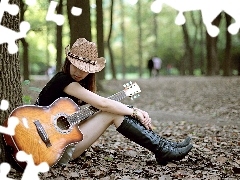 Women, Guitar, Leaf, Park