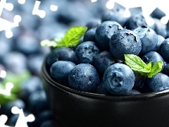 leaves, bowl, blueberries, green ones, Black