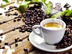 cup, grains, leaves, coffee