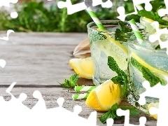 leaves, mint, Glass, Lemon, drinks