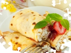 leaves, mint, curd, strawberries, pancakes