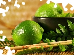 green ones, bowl, leaves, limes