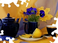 tea, pansies, lemon, teapot