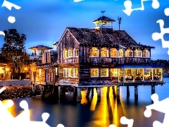 house, Night, light, lake