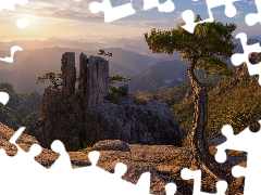 light breaking through sky, Mountains, viewes, pine, trees, rocks