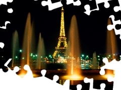 Night, Eiffla Tower, Paris, France, light, fountain