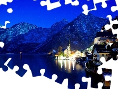 Night, Hallstatt, winter, Mountains, Austria, light, lake