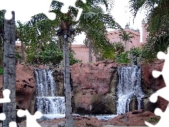 Mini, Palms, lighting, waterfall