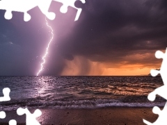 lightning, sea, Storm