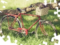 Bike, basket, Lilacs, Meadow