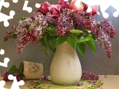 Lilacs, bouquet, tulips