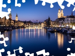 Night, Switzerland, River Limmat, bridge, Houses, Zurich