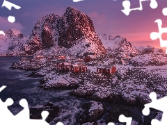 Lofoten, Reine Village, Great Sunsets, rocks, winter, Mountains, Norway, Houses