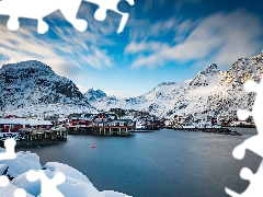 Houses, Mountains, winter, Lofoten, Norway, clouds, snow