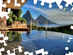 Mountains, house, Saint Lucia, Caribbean, sea, Pool