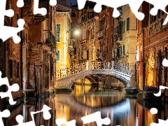 boats, Italy, bridge, Houses, sun, Night, luminosity, canal, Venice, flash, ligh