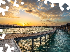 sea, Sunrise, Houses, Maldives, Platform, clouds