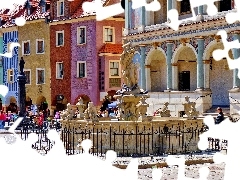 market, Poznań, houses, Old car, fountain