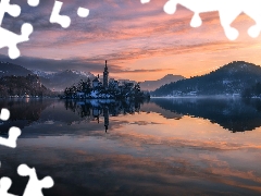 Church of the Annunciation of the Virgin Mary, Sunrise, Lake Bled, Blejski Otok Island, Slovenia