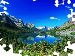 viewes, Mountains, Saint Mary, Montana, lake, trees