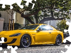 maserati, Yellow, trees, house, Gran Turismo, Automobile