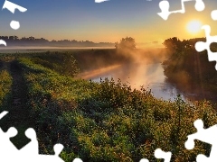 Meadow, Fog, east, sun, River
