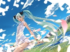 clouds, Hatsune Miku, Meadow