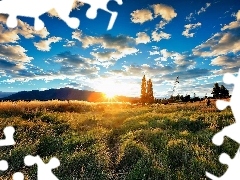 Field, clouds, rays, The Hills, dark, Meadow, sunny