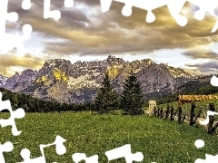 Mountains, clouds, Meadow, woods