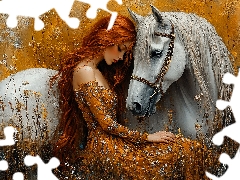 Horse, Meadow, redhead, White, Women