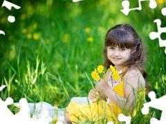 smiling, flowers, Meadow, girl