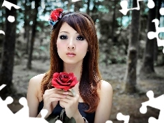 model, Mikako, blur, Zhang, roses, forest, summer, Kaijie