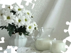 bouquet, jug, milk, napkin, flowers, White