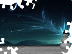 Snowman, winter, moon, aurora polaris