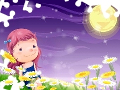 girl, Flowers, moon, Meadow