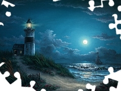 Lighthouses, Night, moon, sea